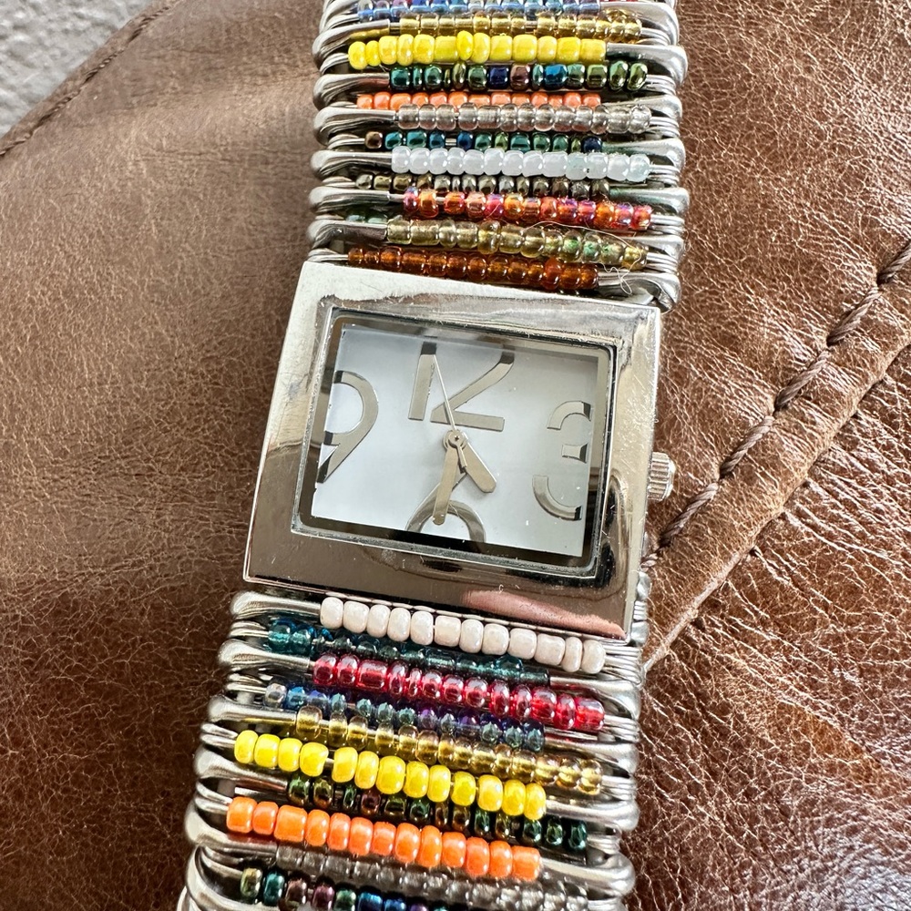 Colorful watch made with safety pins and beads